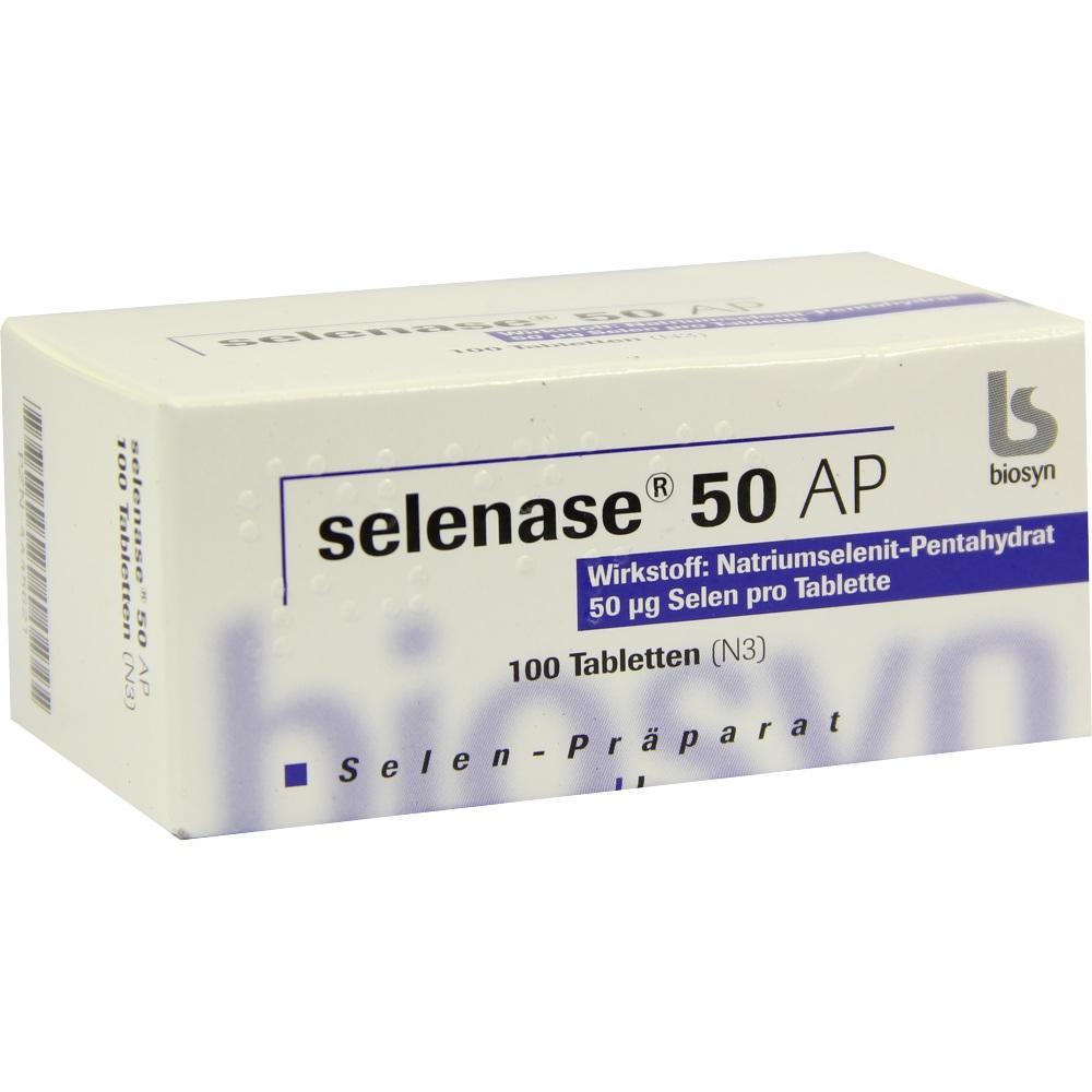 Eine weiße Medikamentenverpackung mit der Aufschrift "Selenase 50 AP".