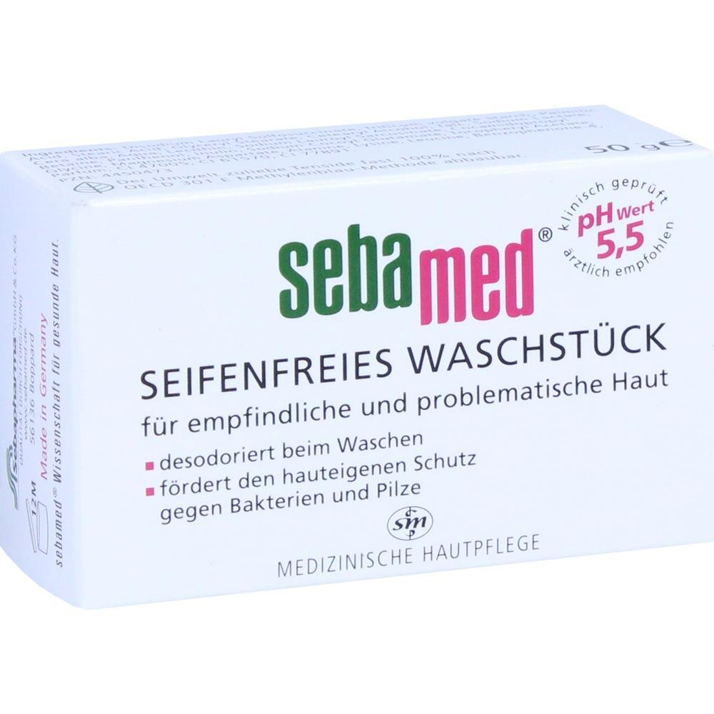 Eine Verpackung von Sebamed seifenfreiem Waschstück für empfindliche Haut.