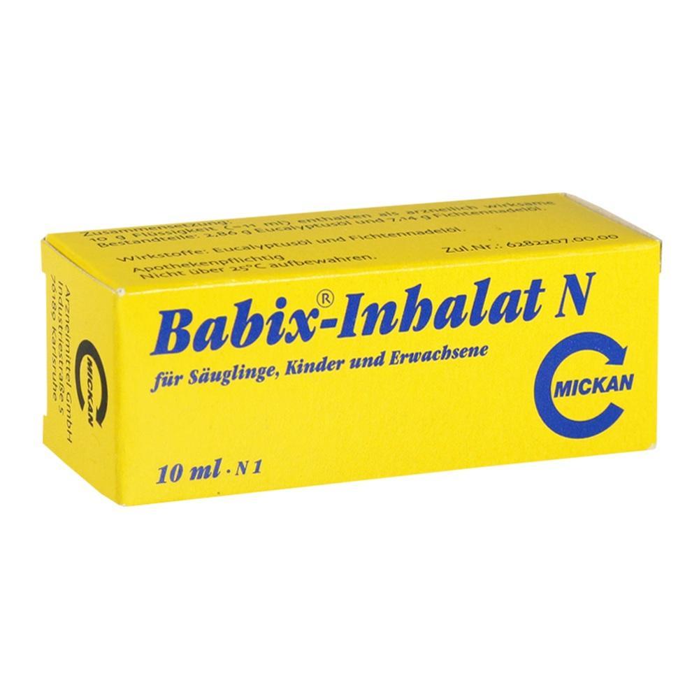 Gelbe Schachtel mit der Aufschrift "Babix-Inhalat N" für Säuglinge, Kinder und Erwachsene.