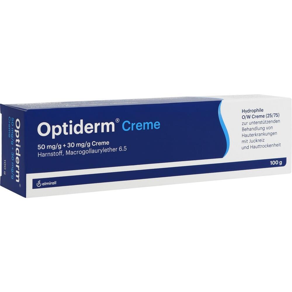 Eine blau-weiße Schachtel mit der Aufschrift "Optiderm Creme" für Hautbehandlung.