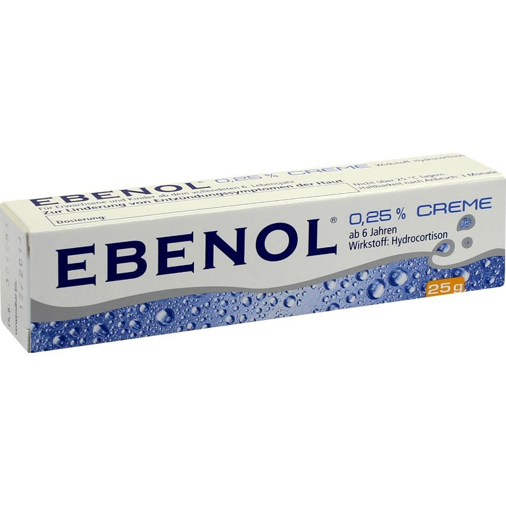 Eine weiße Schachtel der Ebenol-Creme mit blauen Wassertröpfchen.