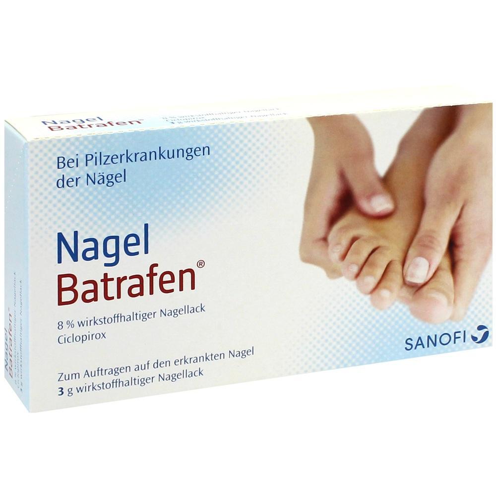 Eine Packung Nagellack gegen Nagel-Pilz mit einem Foto von Händen und Füßen.