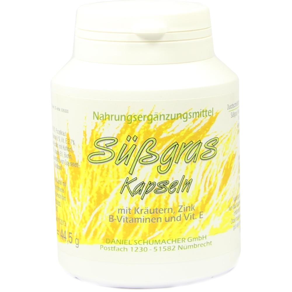 Weiße Dose mit der Aufschrift "Süßgras Kapseln" auf gelbem Hintergrund.