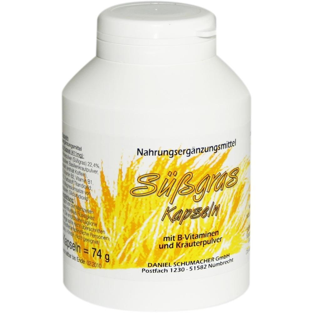 Weiße Dose mit der Aufschrift "Süßgras Kapseln" und gelbem Grasmotiv.