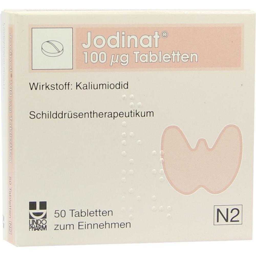 Verpackung von Jodinat Tabletten zur Behandlung der Schilddrüse.