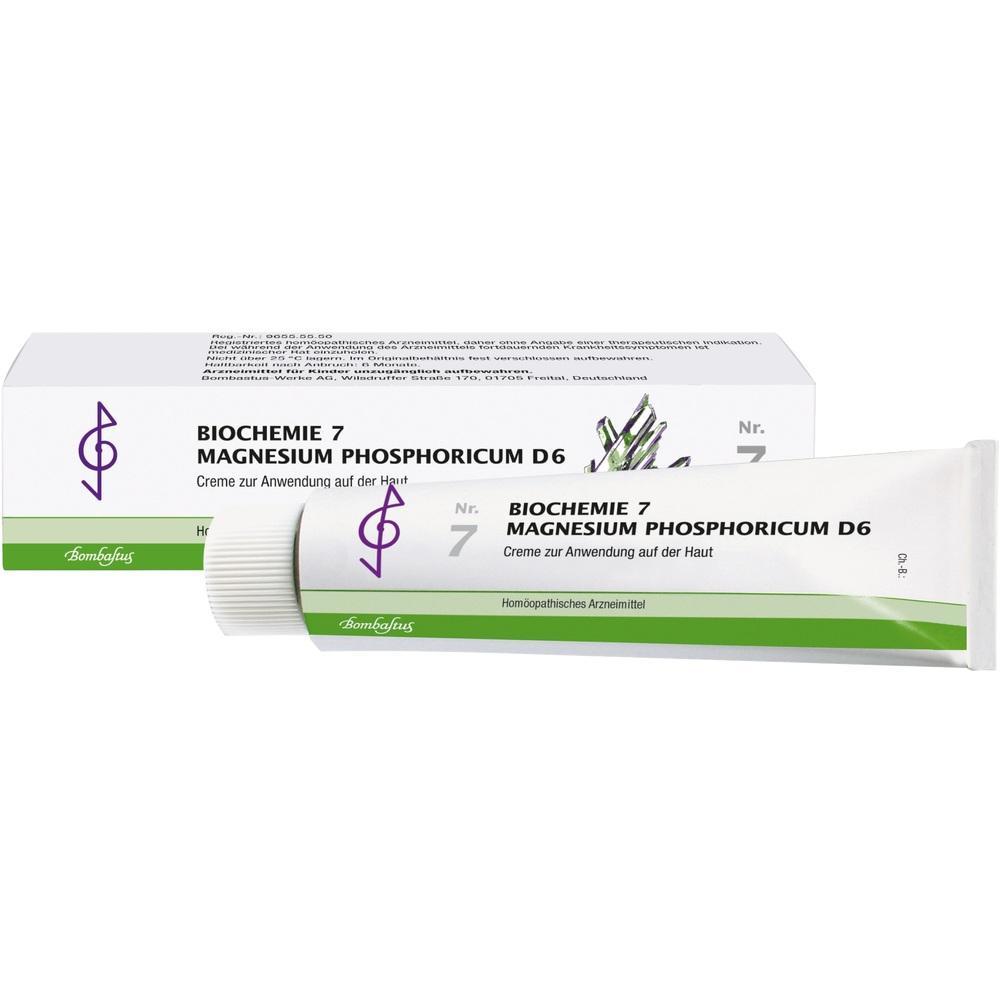 Eine Creme-Tube und Verpackung mit der Aufschrift "Biochemie 7 Magnesium Phosphoricum D6".