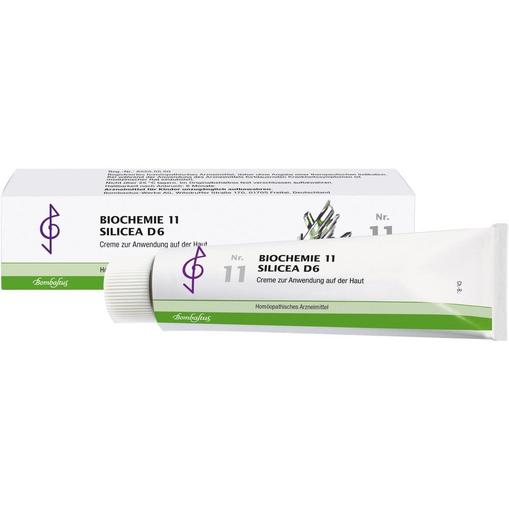 Eine Tube und eine Packung mit der Aufschrift "Biochemie 11 Silicea D6" sind zu sehen.