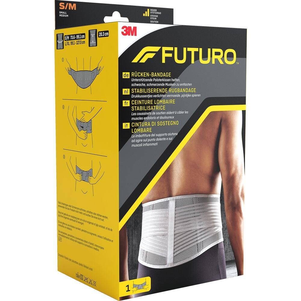 Gelbe Verpackung einer Rücken-Bandage mit Bildern und Texten in mehreren Sprachen.