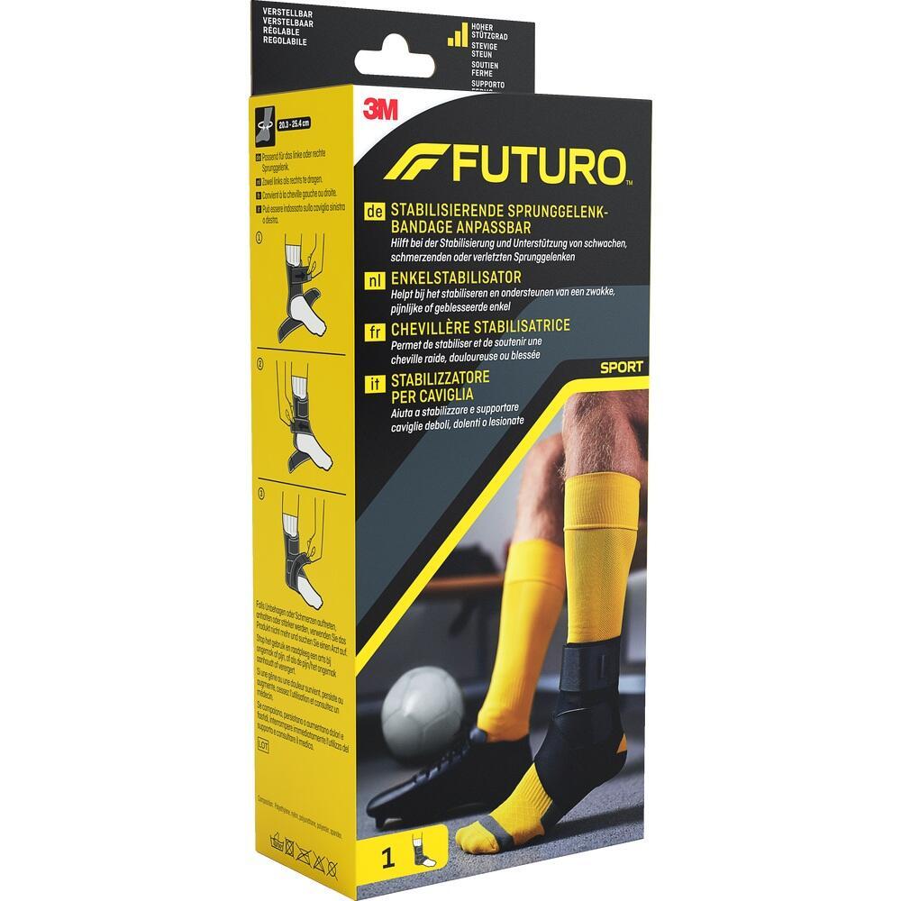 Gelbe Verpackung mit Sprunggelenk-Bandage und Text in vier Sprachen.