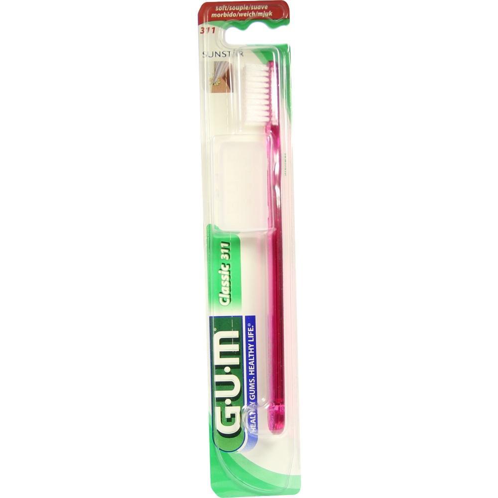 Eine verpackte rosa Zahnbürste mit weichen Borsten.