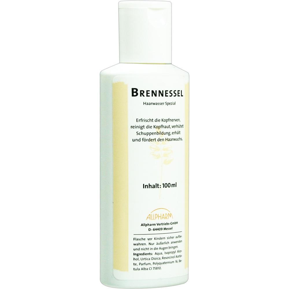 Weiße Haarwasserflasche mit der Aufschrift "Brennessel, Inhalt: 100 ml".