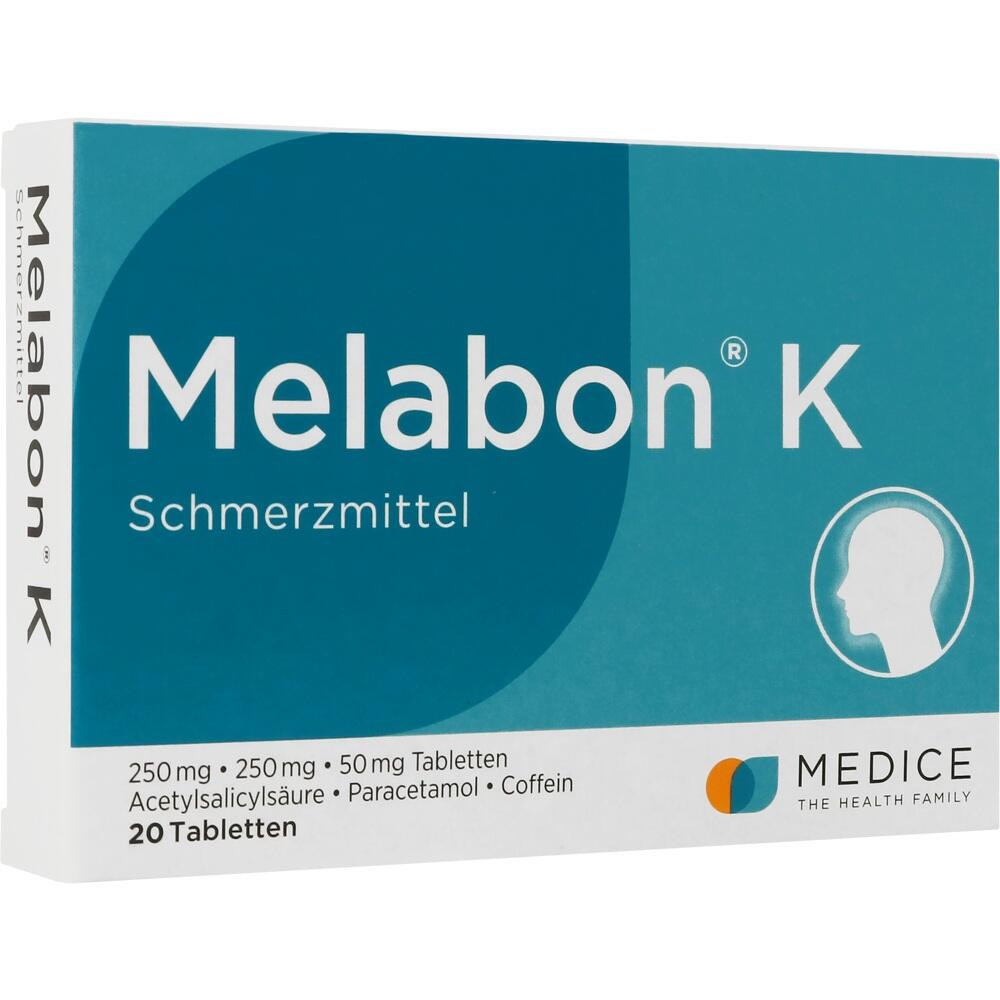 Verpackung von Melabon K, einem Schmerzmittel mit 20 Tabletten.