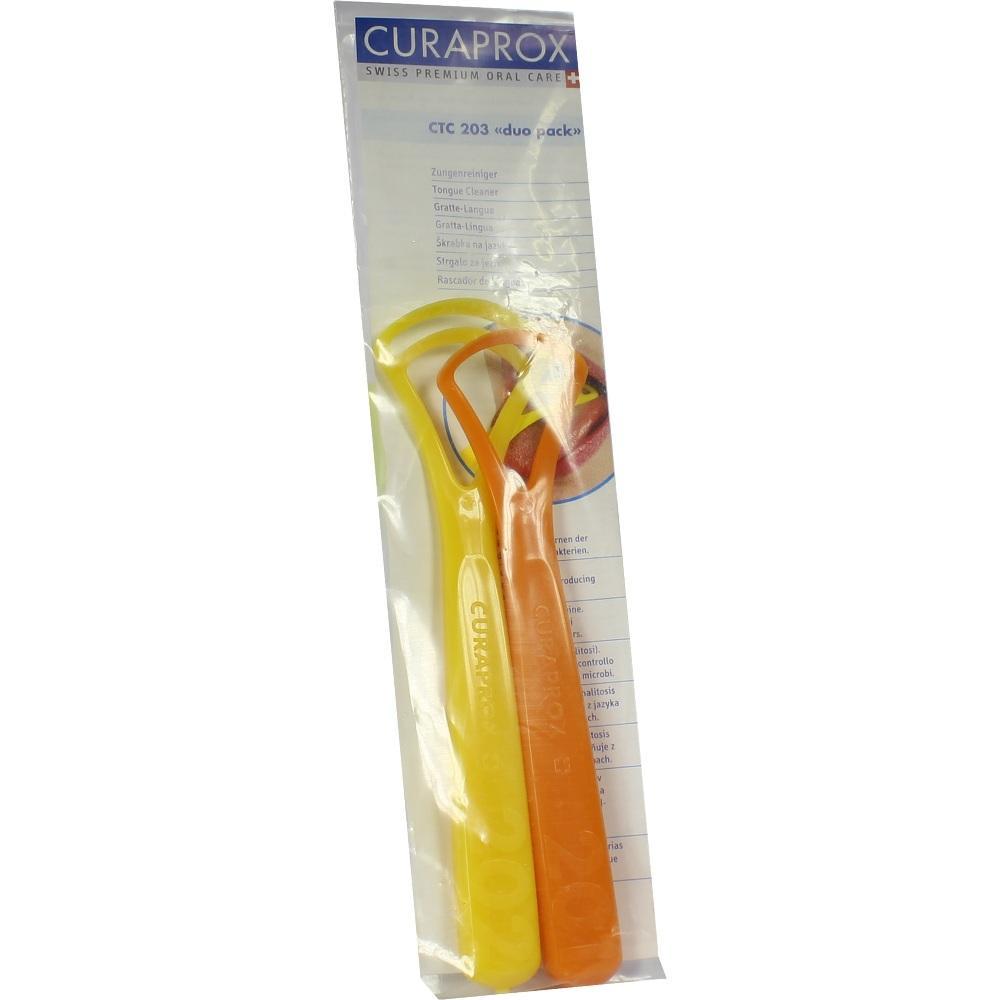 Zwei Zungenreiniger in den Farben Gelb und Orange in einer Plastikverpackung.