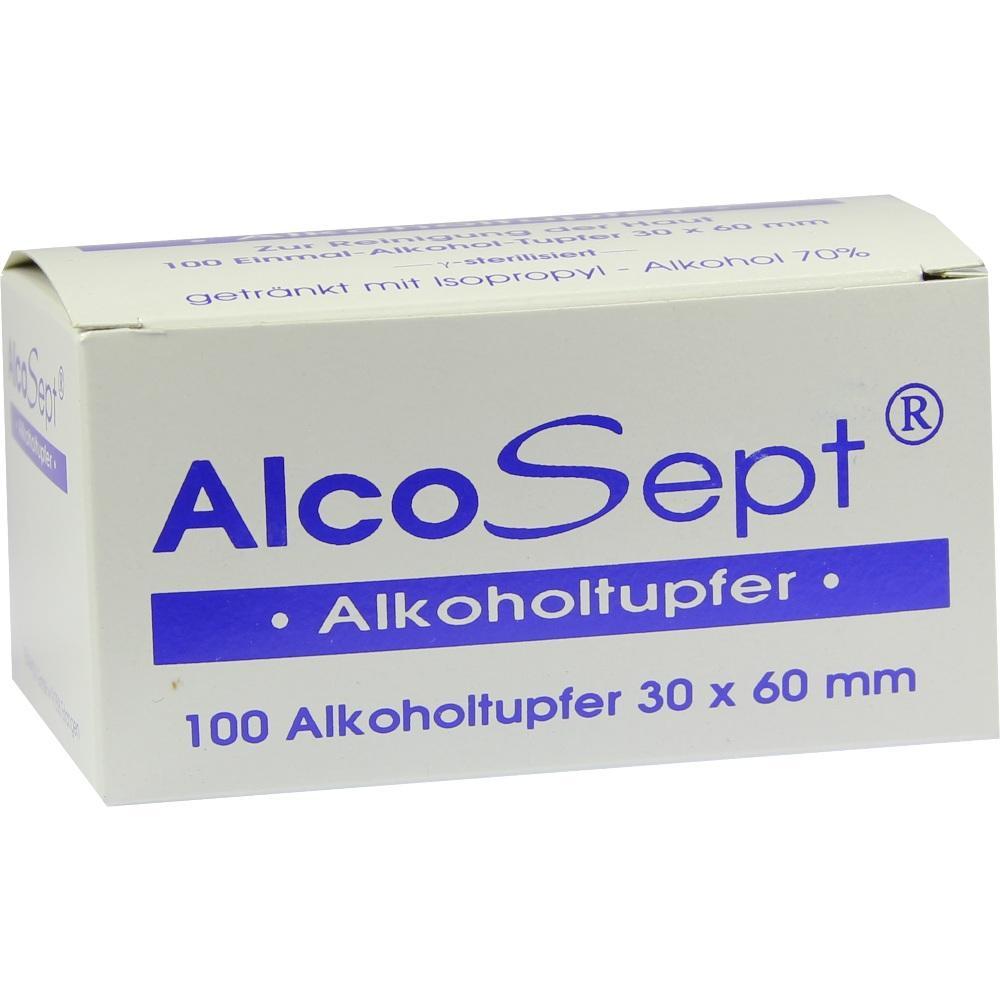 Wei&szlig;e Schachtel mit der Aufschrift "AlcoSept Alkohol Tupfer".