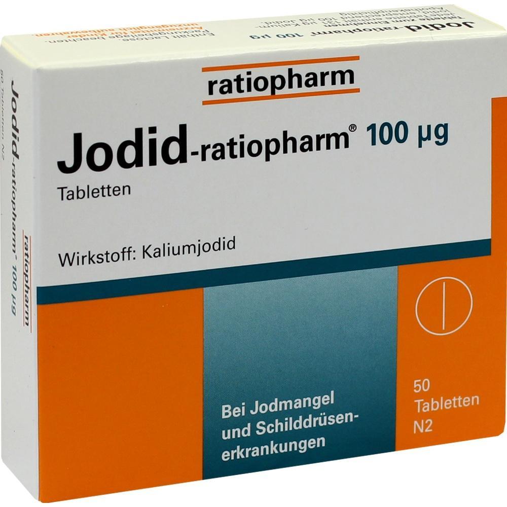 Packung Jodid-Tabletten von ratiopharm mit 100 ?g Kaliumjodid für Jodmangel.