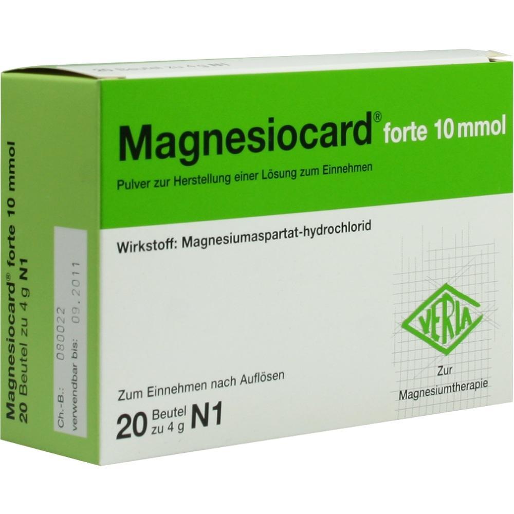 Eine gr&uuml;ne Medikamentenverpackung mit der Aufschrift "Magnesiocard forte 10 mmol".