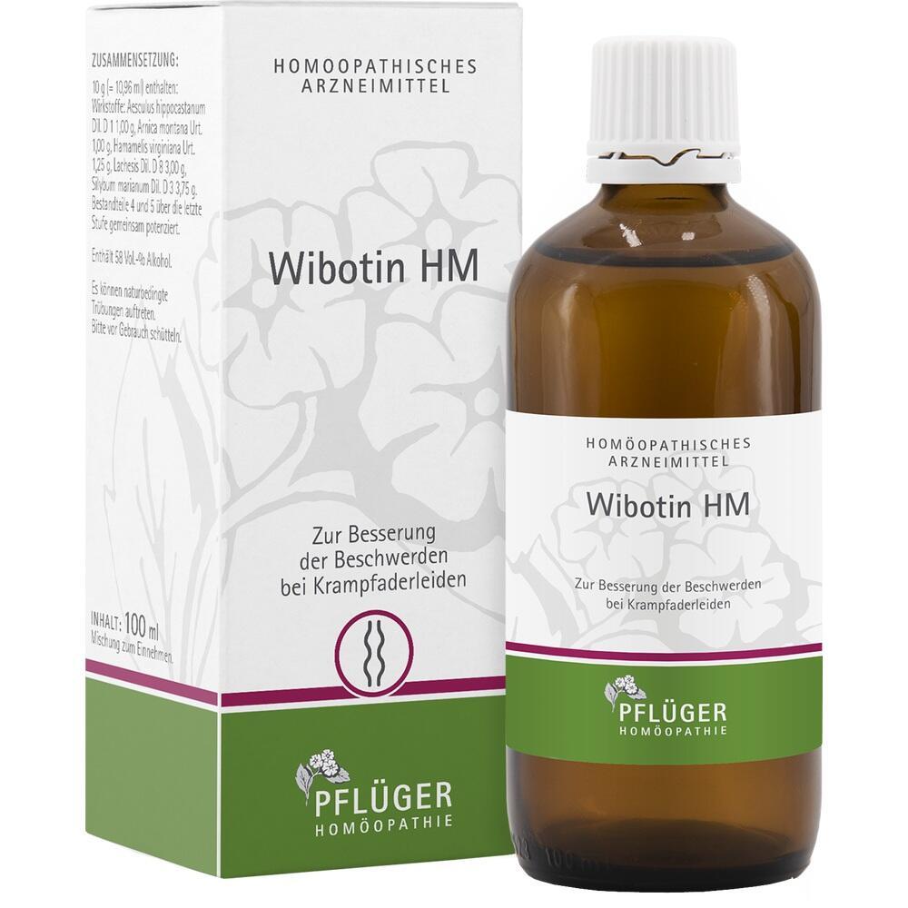 Braune Flasche und wei&szlig;e Schachtel mit hom&ouml;opathischem Mittel "Wibotin HM".