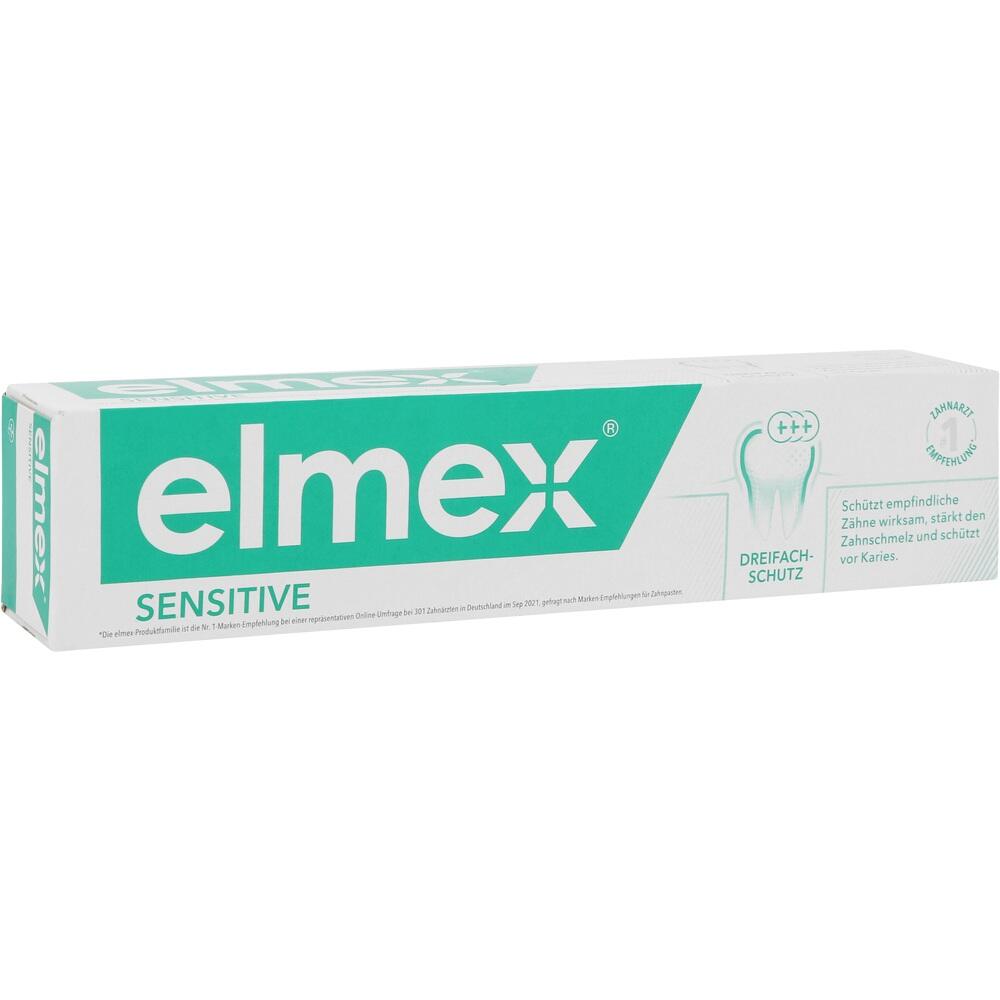 Weiße und grüne Zahnpasta-Box mit der Aufschrift "elmex Sensitive".