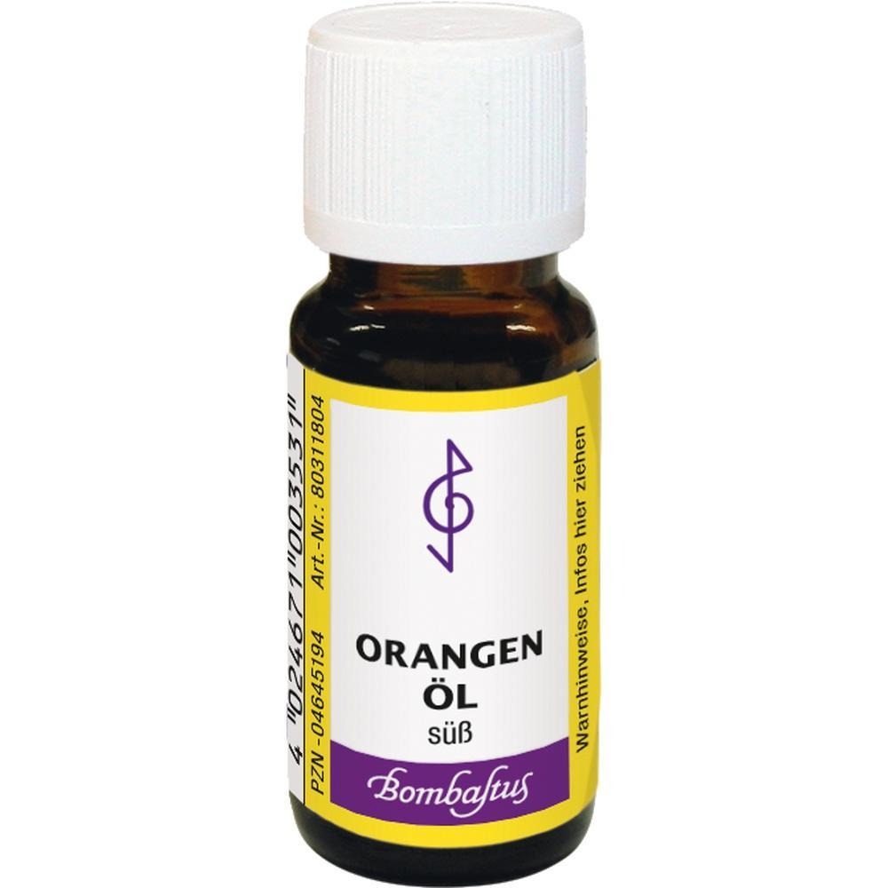 Braunes Fläschchen mit weißem Etikett für süßes Orangenöl.