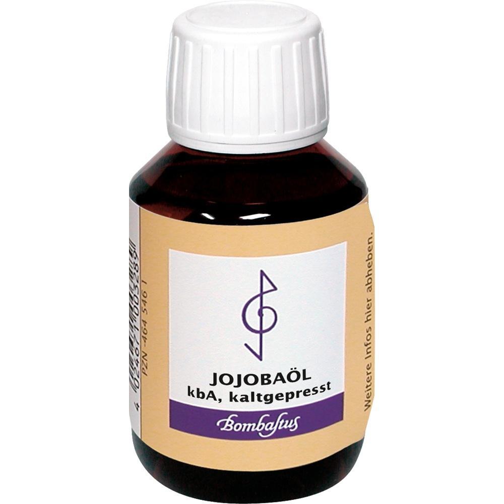 Braunes Fläschchen mit weißem Deckel und Etikett mit der Aufschrift "Jojobaöl".
