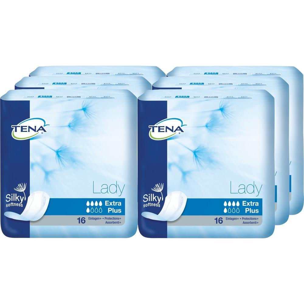 Mehrere Packungen Damenbinden von TENA in blau-weißer Verpackung.