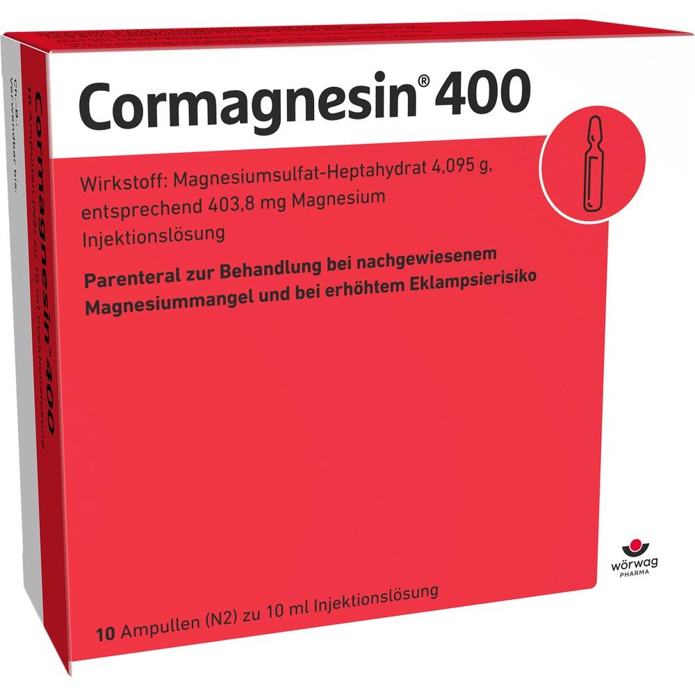 Rote Box mit der Aufschrift "Cormagnesin 400" für Magnesium-Injektionen.