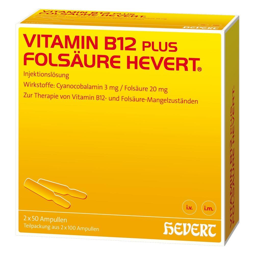 Gelbe Packung mit Vitamin B12 plus Folsäure für Injektionen.