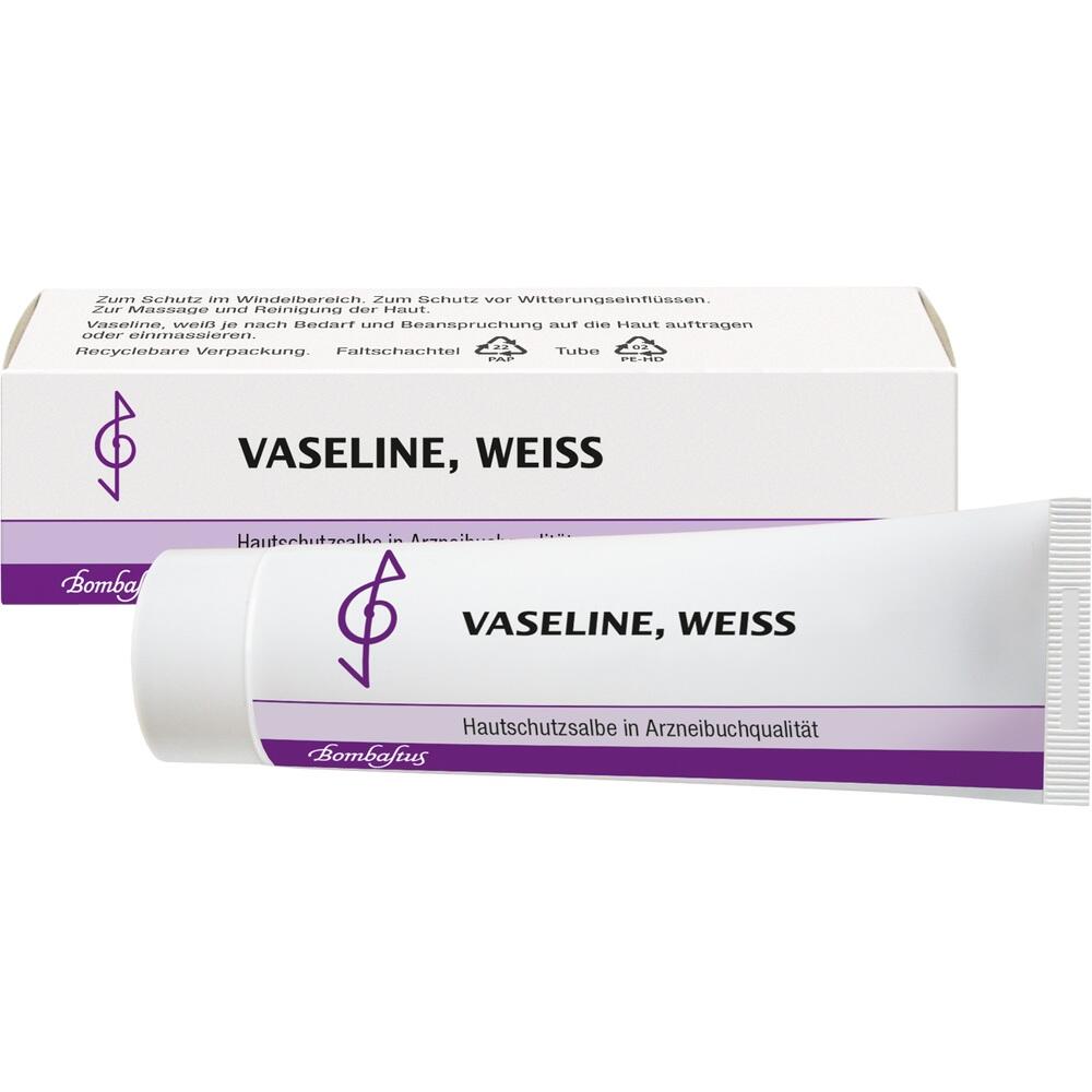 Weiße Vaseline-Tube und Verpackung mit Aufschrift "Vaseline, Weiß".