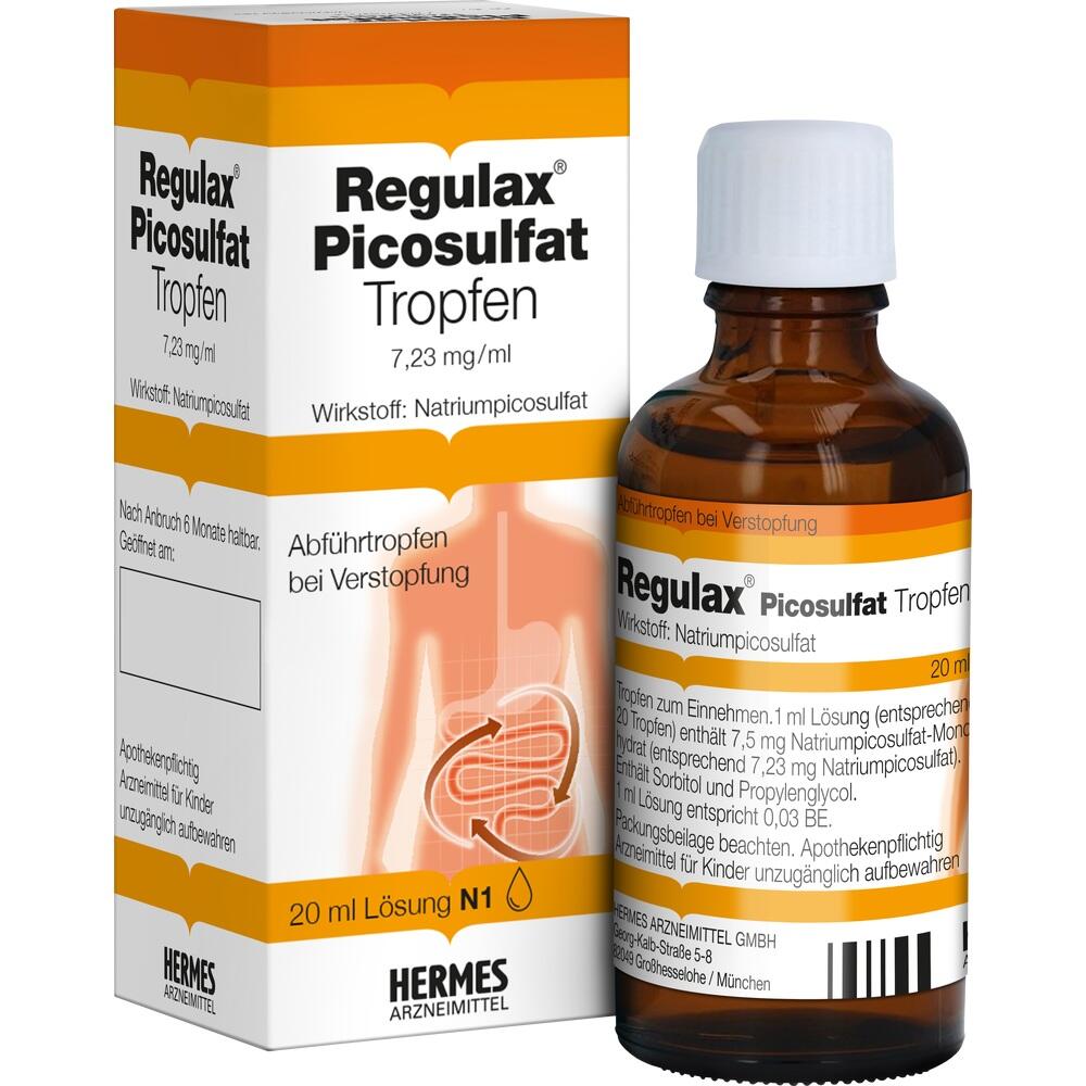 Eine Flasche und Packung mit Abführmittel "Regulax Picosulfat" gegen Verstopfung.