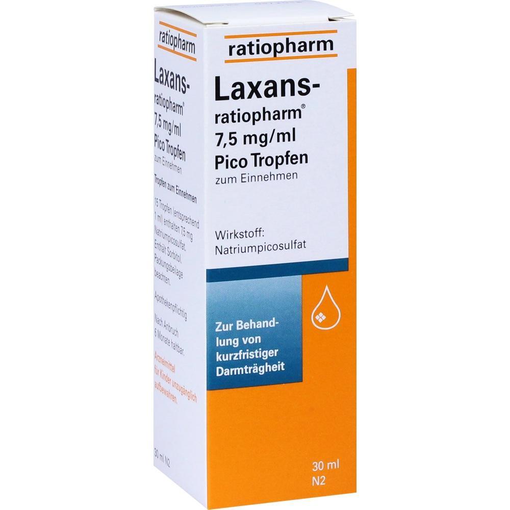 Eine Packung Abführmittel-Tropfen von Ratiopharm zur kurzzeitigen Behandlung von Verstopfung.