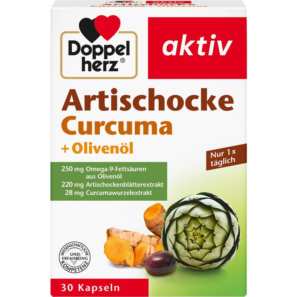 Verpackung f&uuml;r Nahrungserg&auml;nzungsmittel mit Artischocke, Curcuma und Oliven&ouml;l.