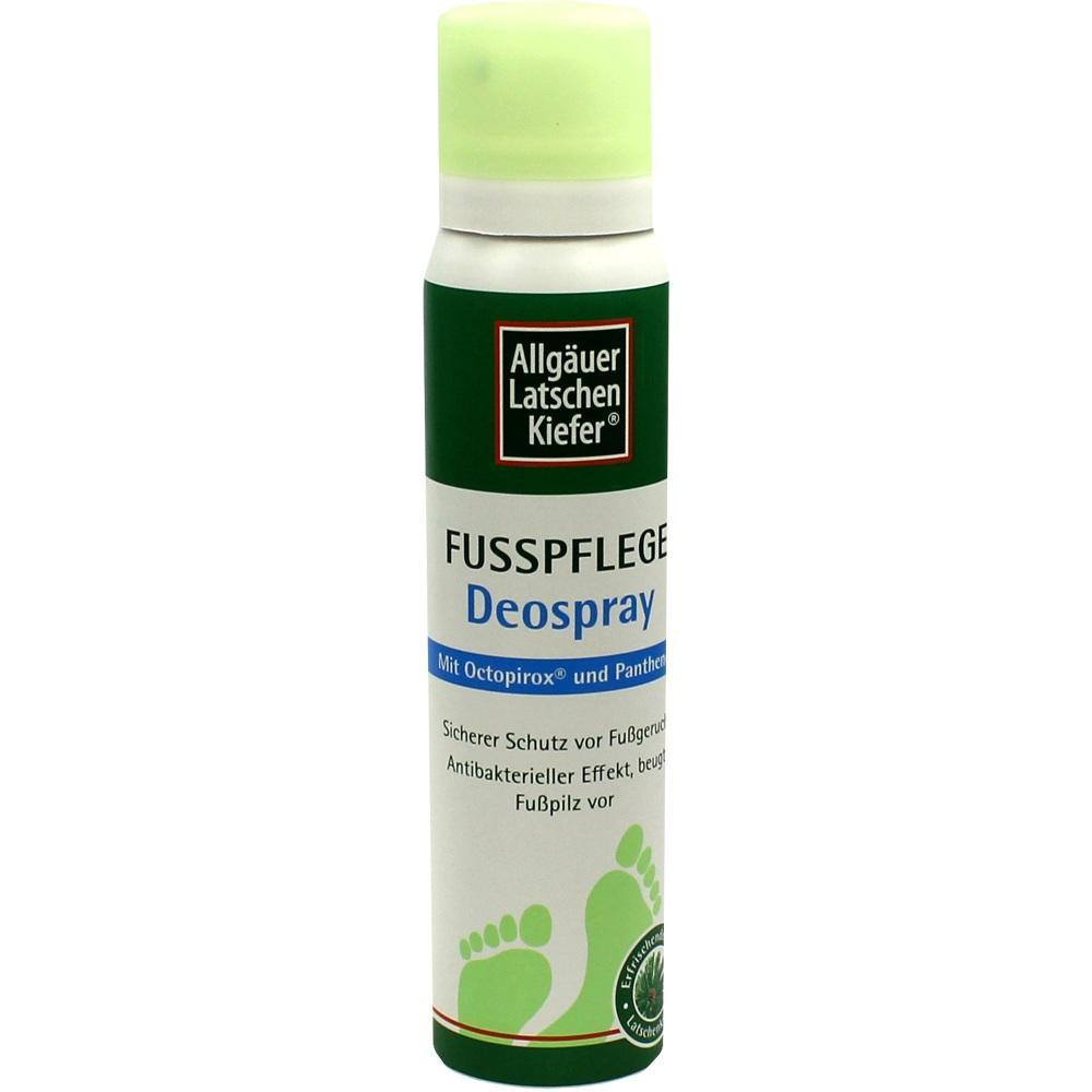 Wei&szlig;e Spraydose mit gr&uuml;nem Deckel, beschriftet als Fu&szlig;pflege-Deospray.
