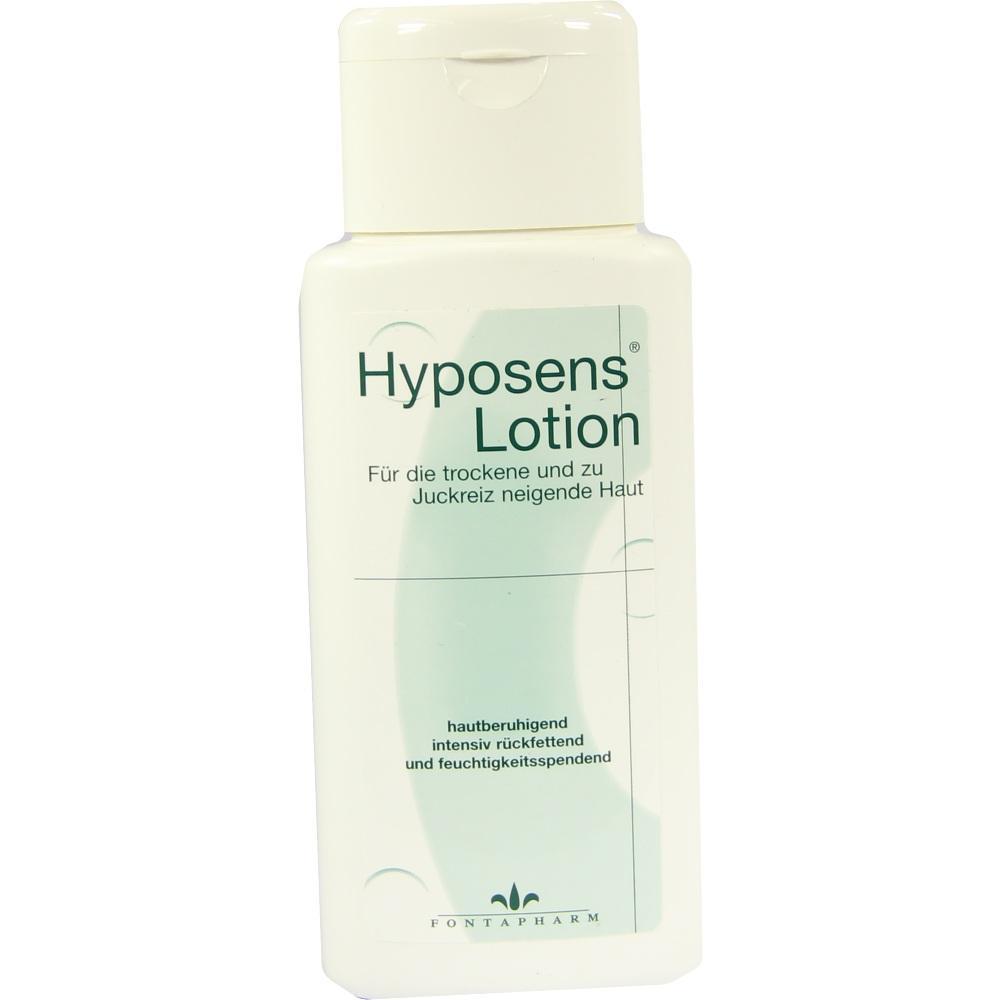 Weiße Flasche mit der Aufschrift "Hyposens Lotion" für trockene, juckreizende Haut.