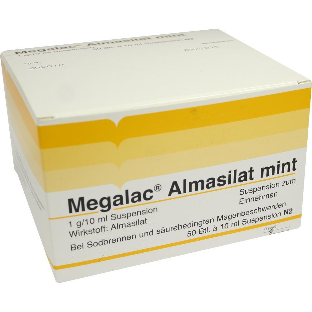 Packung Megalac Almasilat mint gegen Sodbrennen und Magenbeschwerden.