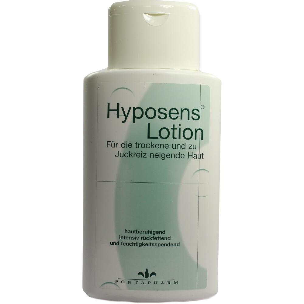 Weiße Flasche mit der Aufschrift "Hyposens Lotion" für trockene und juckende Haut.