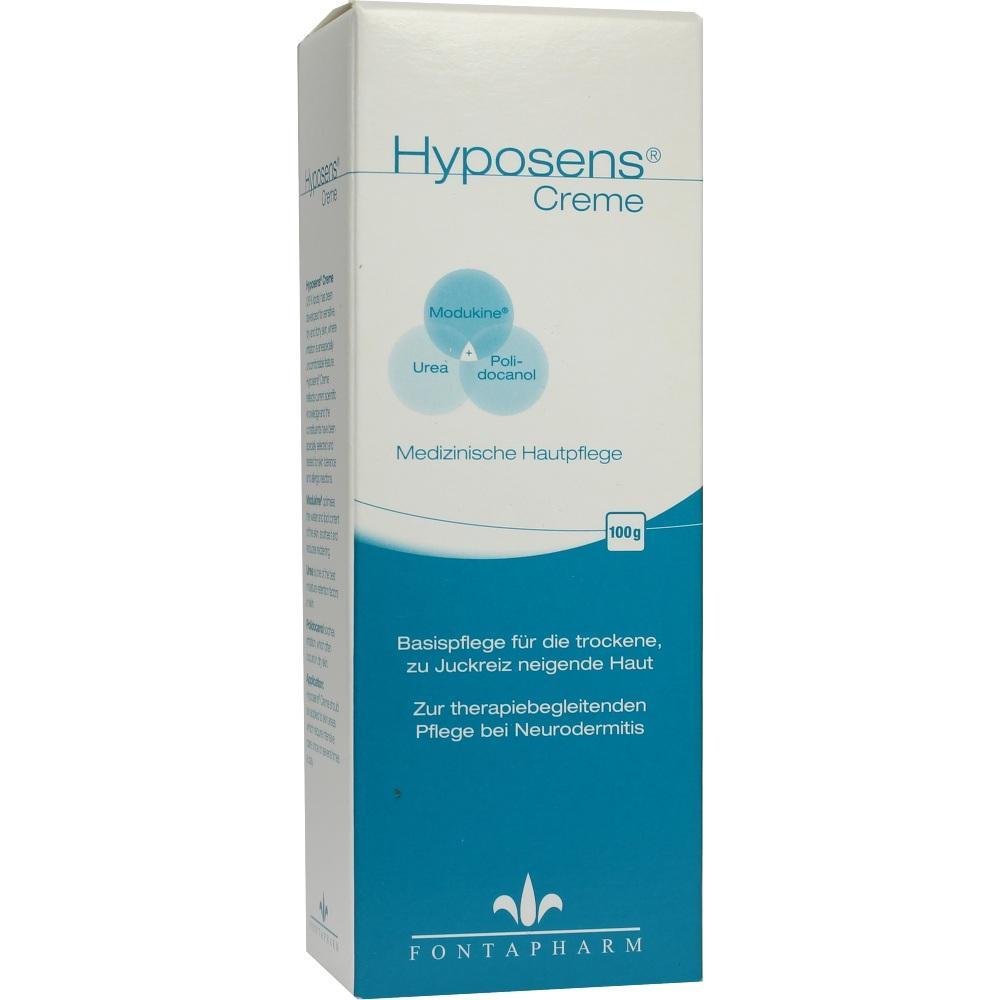 Eine cremefarbene Packung mit der Aufschrift "Hyposens Creme" für trockene Haut.