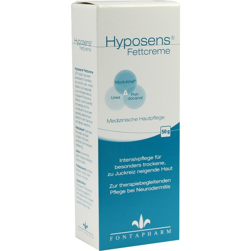 Eine Packung "Hyposens Fettcreme" für trockene, juckende Haut.