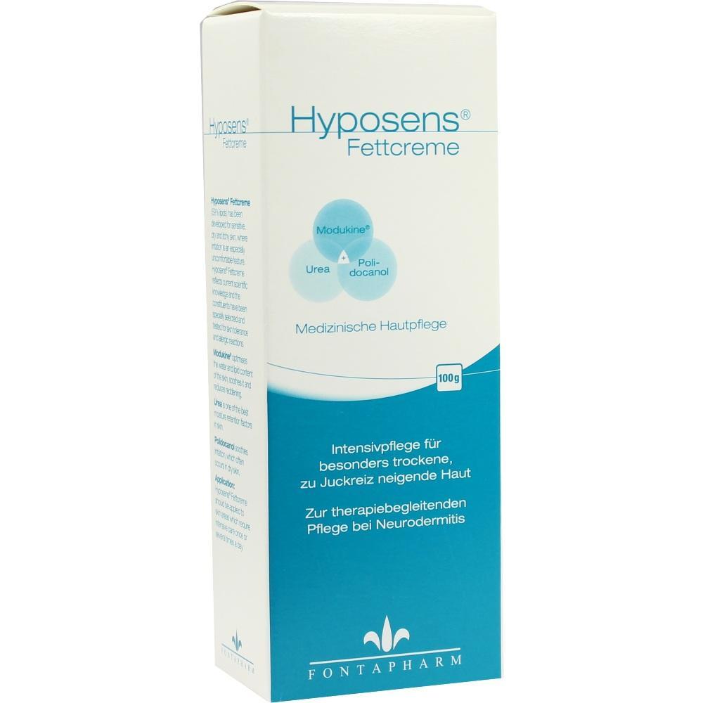 Eine Schachtel mit Hyposens Fettcreme für trockene Haut und Neurodermitis.