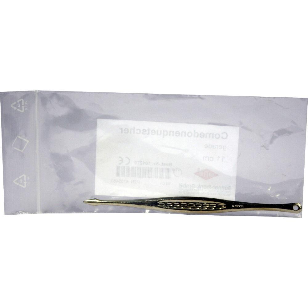 Ein Comedonenquetscher liegt vor einem wei&szlig;en Hintergrund in einer Plastikt&uuml;te.