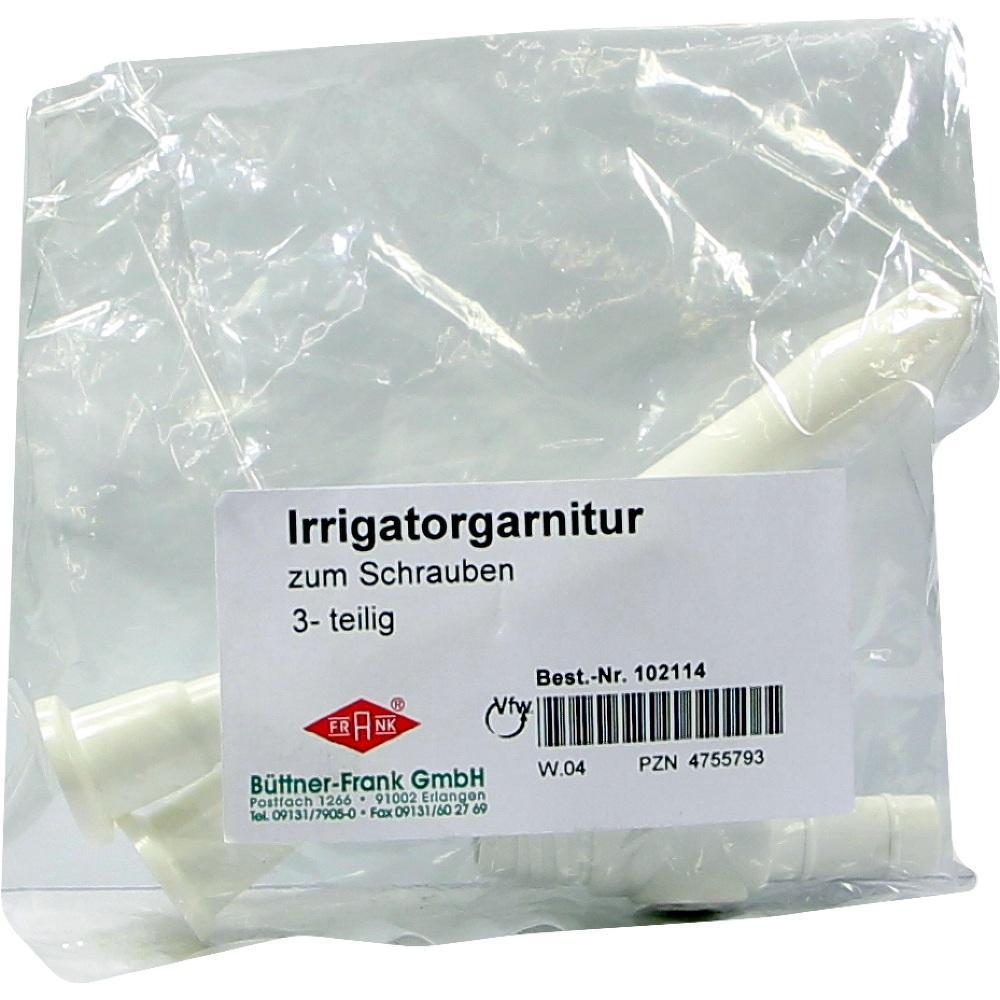 Eine verpackte Irrigatorgarnitur mit Etikett und Schraubaufsatz.