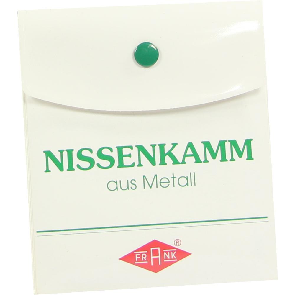 Beh&auml;lter f&uuml;r einen Metall-Nissenkamm mit gr&uuml;nem Verschlussknopf.