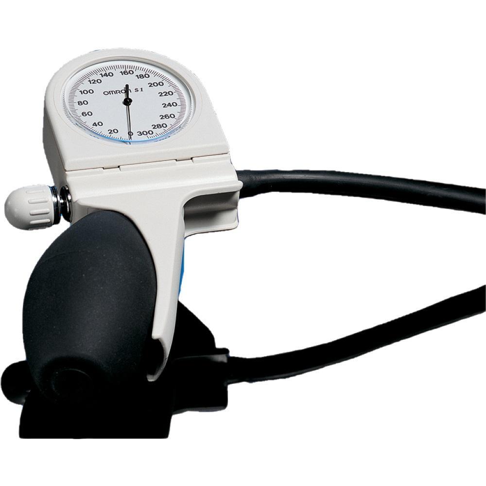 Ein Blutdruckmessgerät mit Druckanzeige und Gummiball zum Aufpumpen.