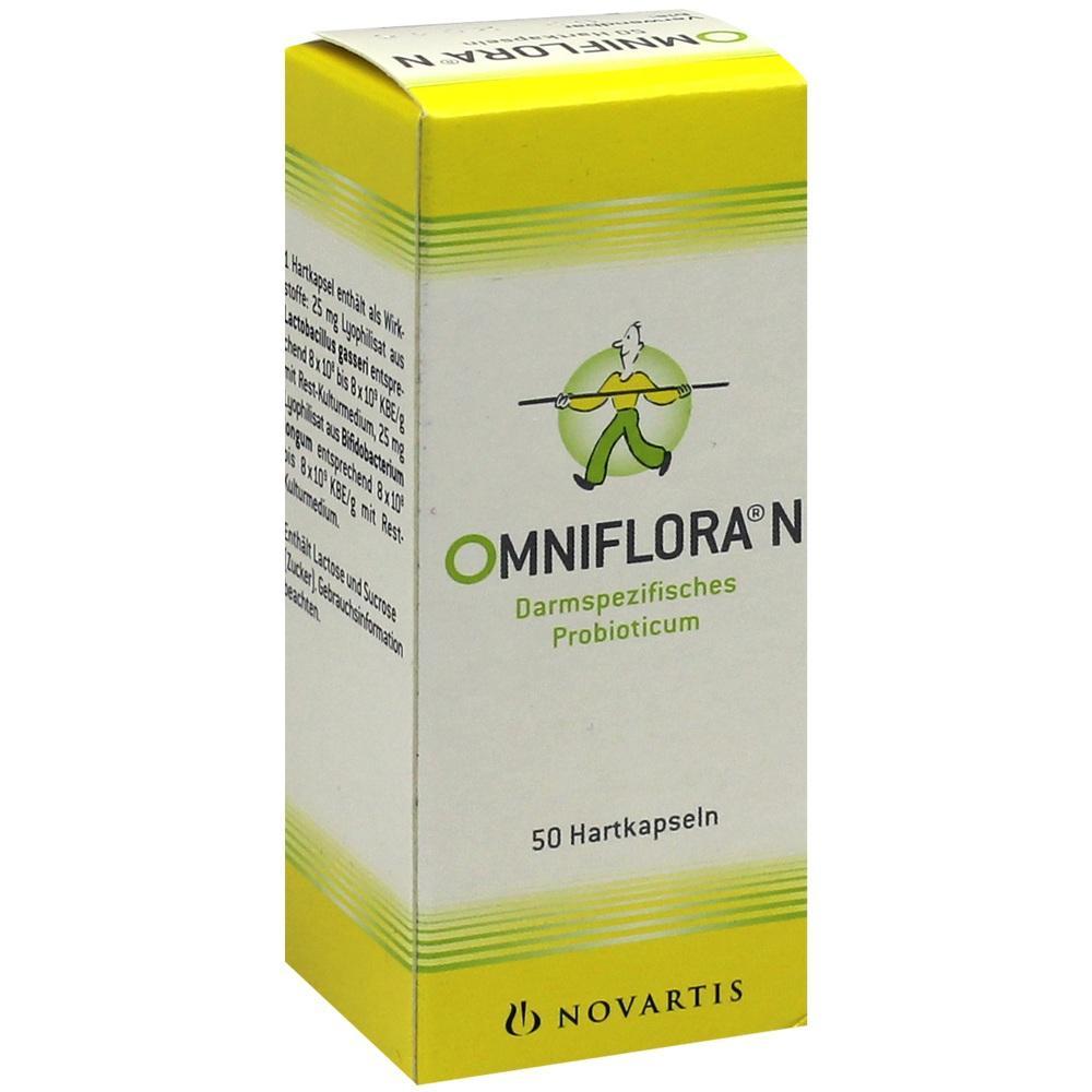 Ein gelbes und weißes Paket Omniflora N Probiotikum mit 50 Kapseln.