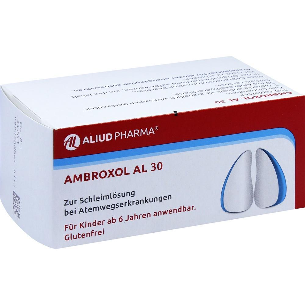Eine Packung Ambroxol AL 30 von Aliud Pharma zur Schleimlösung bei Atemwegserkrankungen.