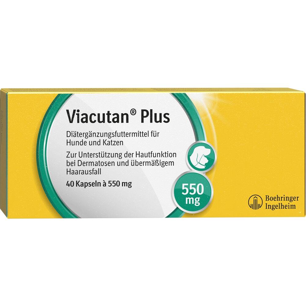 Gelbe Verpackung von Viacutan Plus f&uuml;r Hunde und Katzen, unterst&uuml;tzt Hautfunktion.