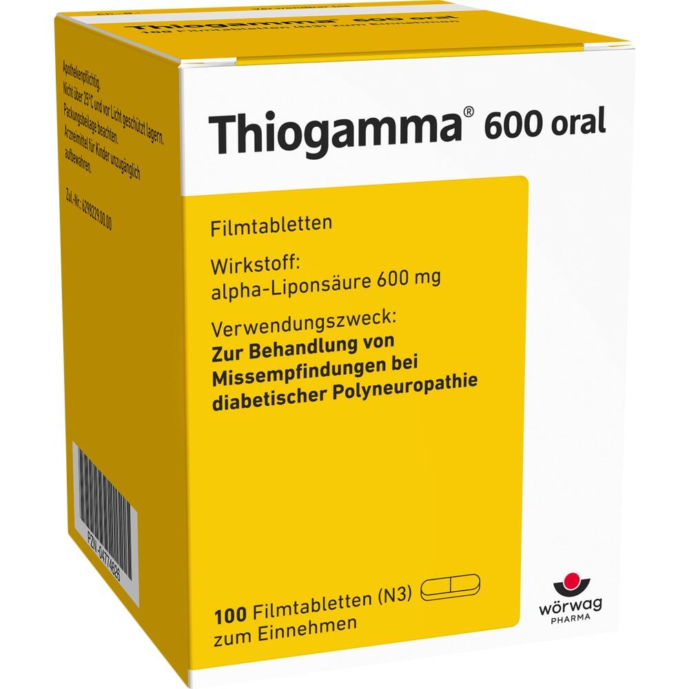 Gelbe Medikamentenverpackung mit der Aufschrift "Thiogamma 600 oral" für Nervenschmerzen.