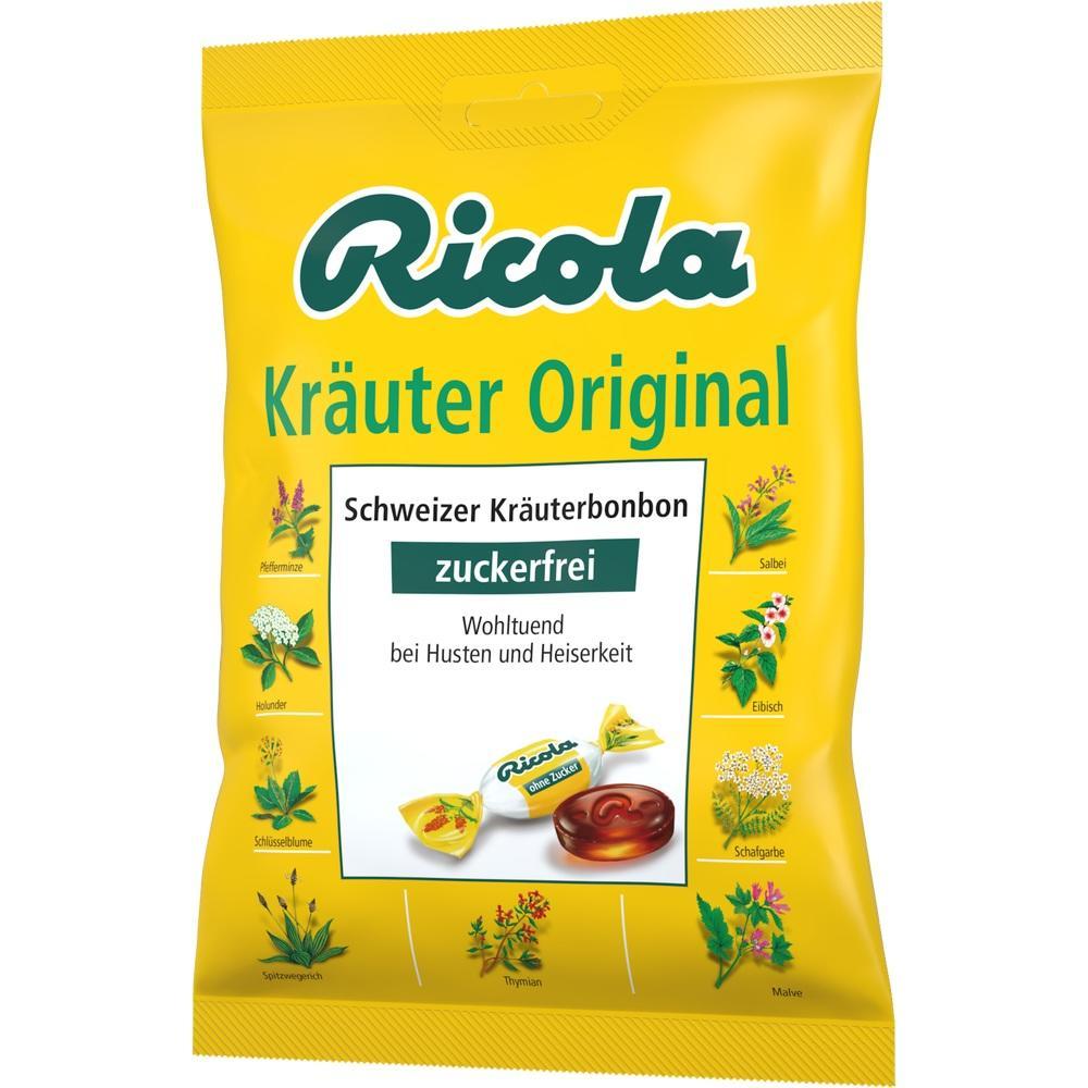 Gelbe Packung Ricola Kr&auml;uterbonbons, zuckerfrei, wohltuend bei Husten und Heiserkeit.