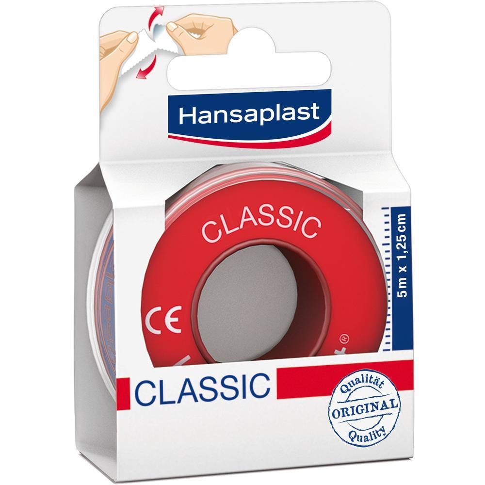 Eine rote Rolle Pflasterband in einer Verpackung von Hansaplast.