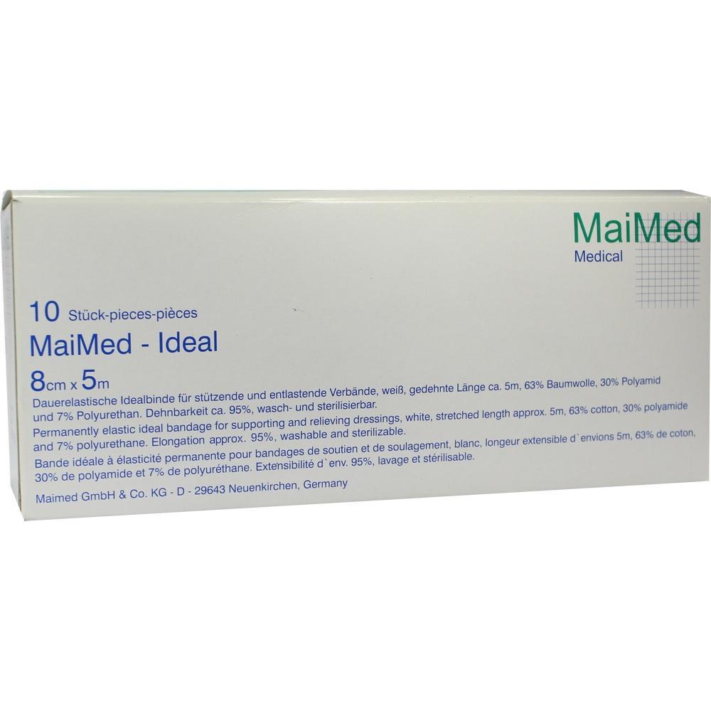 Weiße Verpackung mit elastischen Verbänden von MaiMed, 8cm x 5m, 10 Stück.