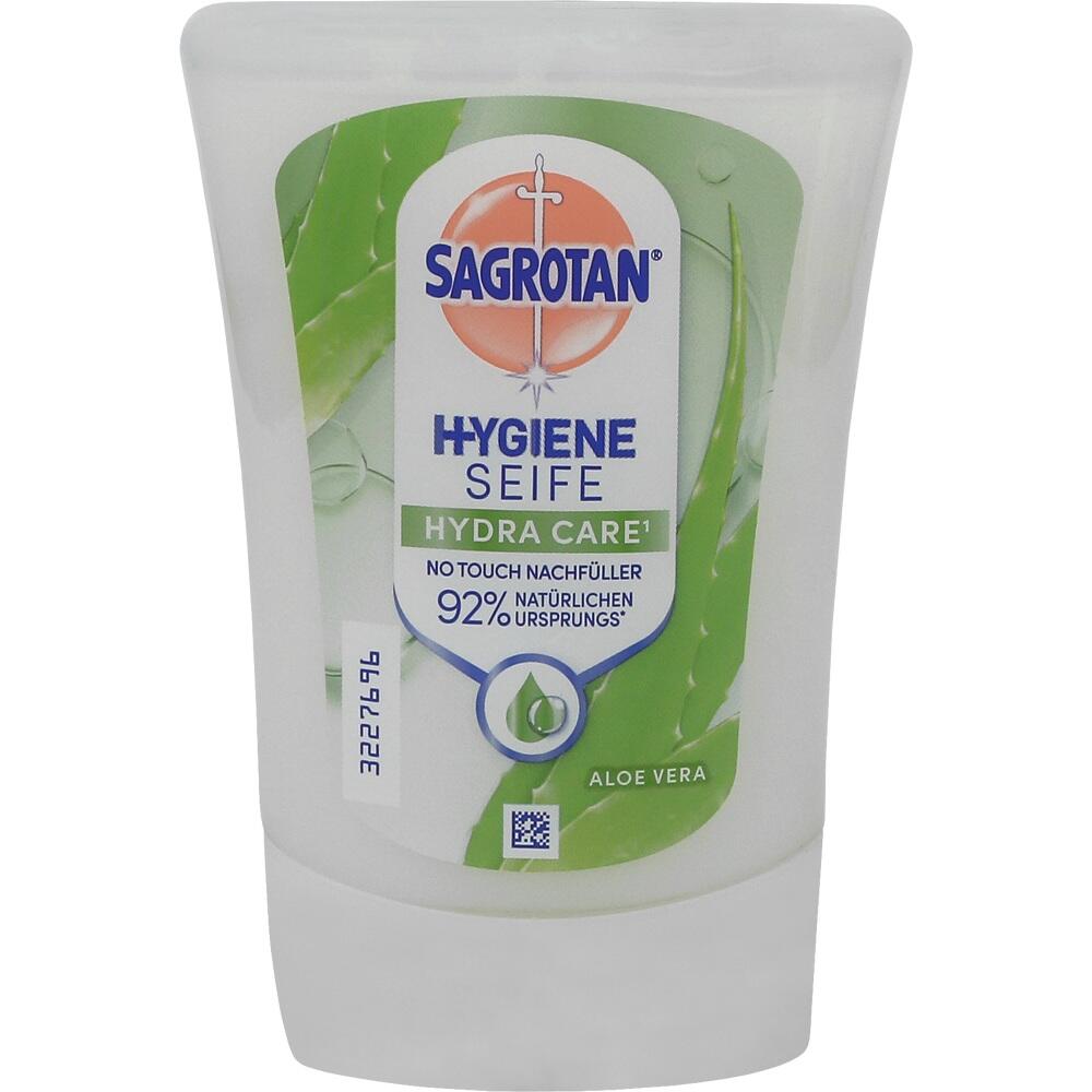 Weiß-grüne Flasche von Sagrotan Aloe Vera Flüssigseife mit Hygieneschild.